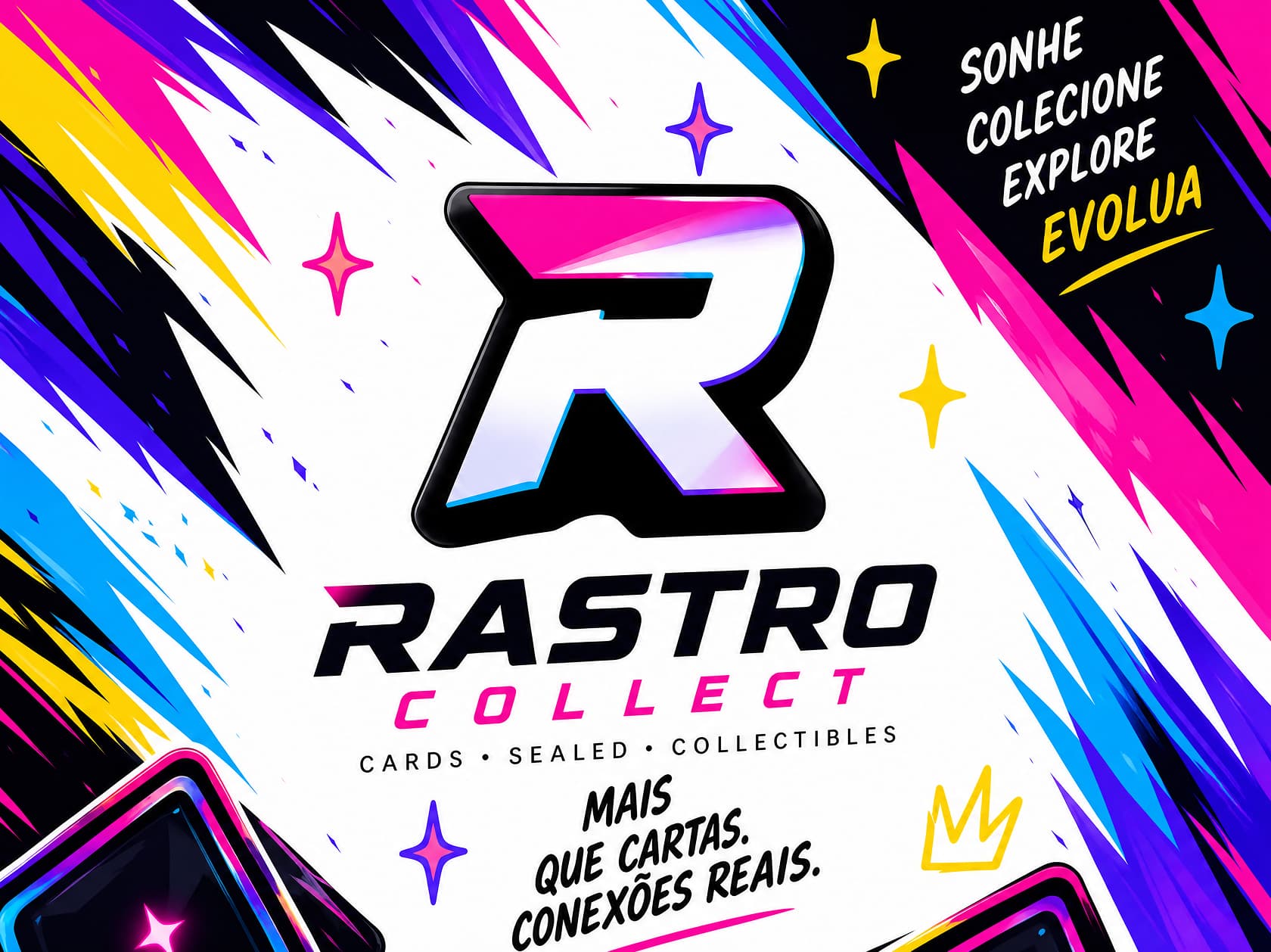Arte da marca Rastro Collect com o símbolo R, raios coloridos e a frase Mais que cartas, conexões reais