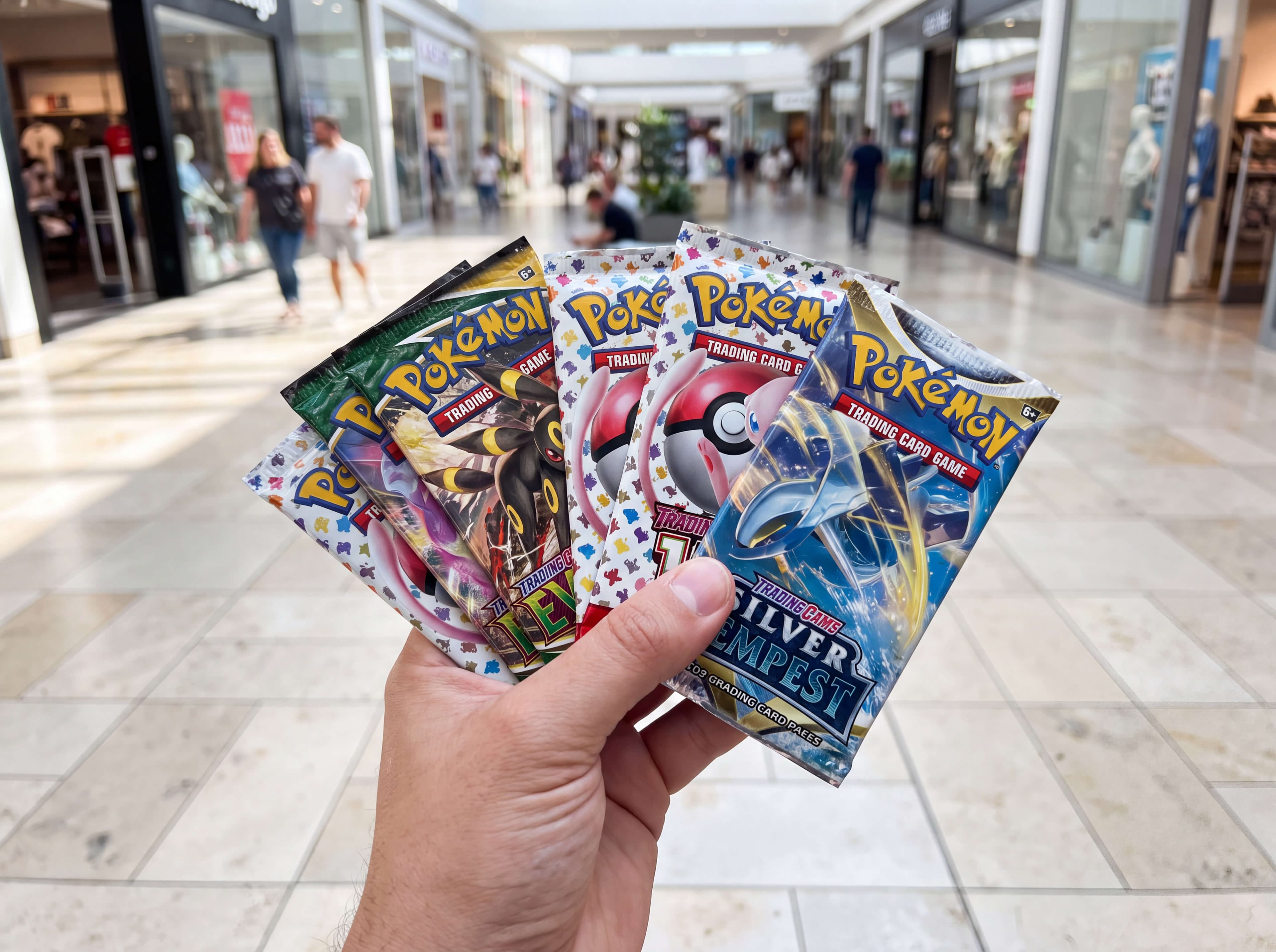 Mão segurando vários boosters de Pokémon lacrados no corredor de um shopping