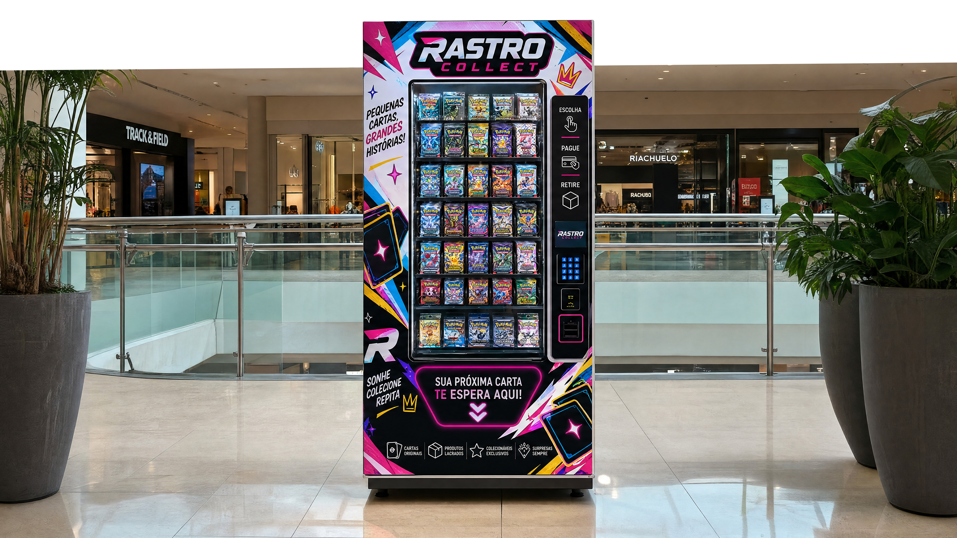 Máquina Rastro Collect instalada no corredor de um shopping, com boosters de Pokémon expostos